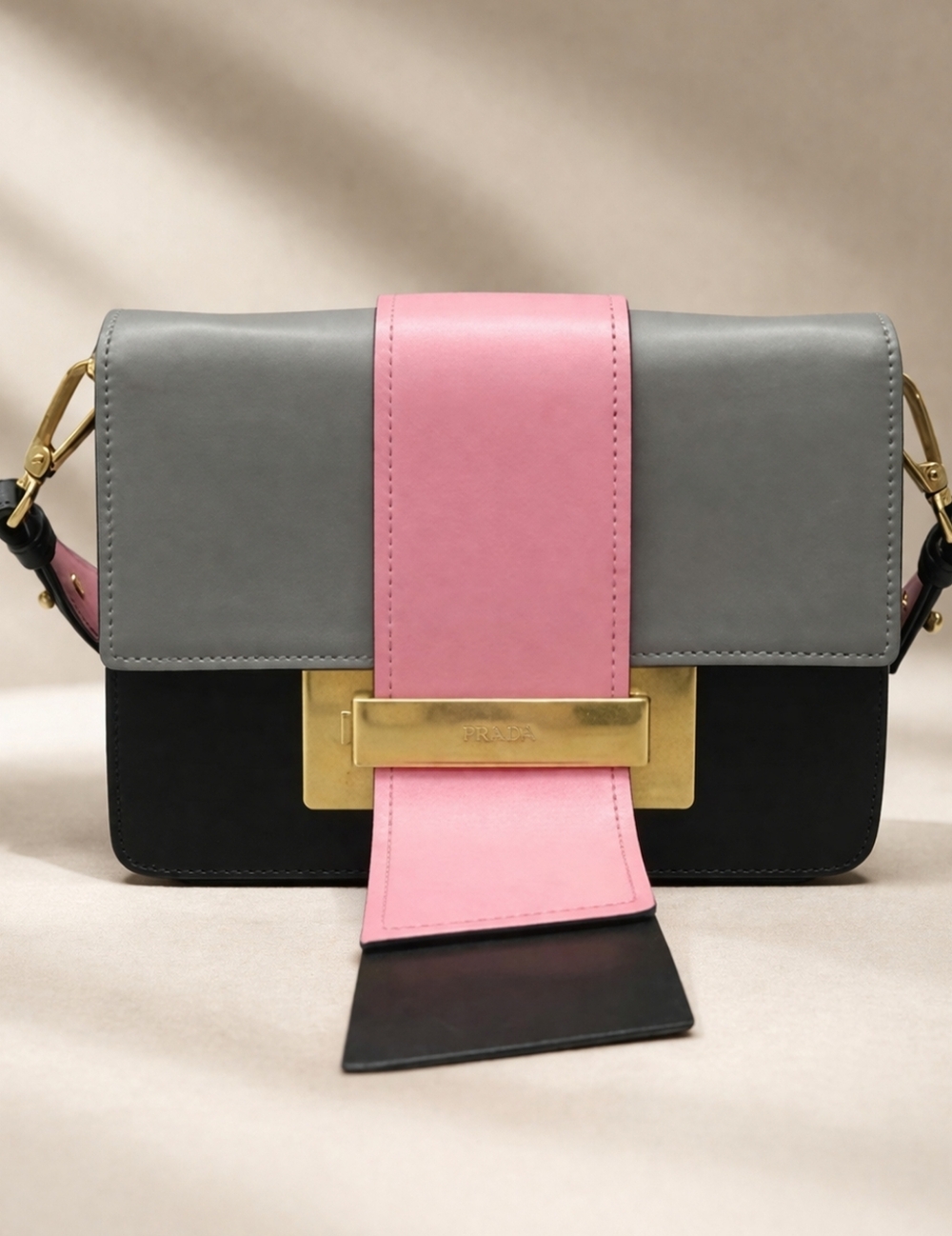 Authentic Prada Colorblock Leather Crossbody Bag –Gray Pink Black Gold Hardware